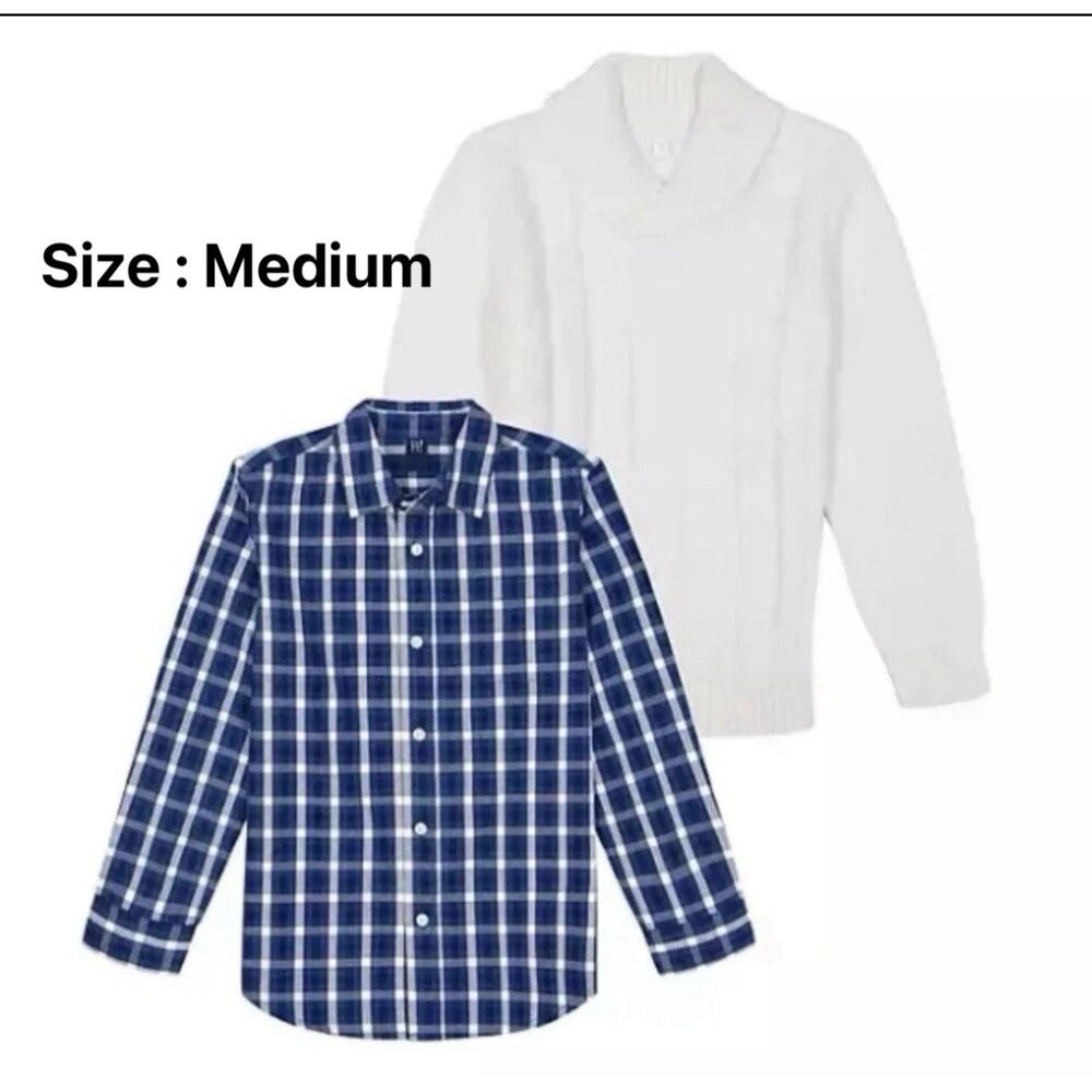 Gap Kids Boys Cable Knit White Sweater & Blue Button Up Dress Shirt, 2-pc Set M